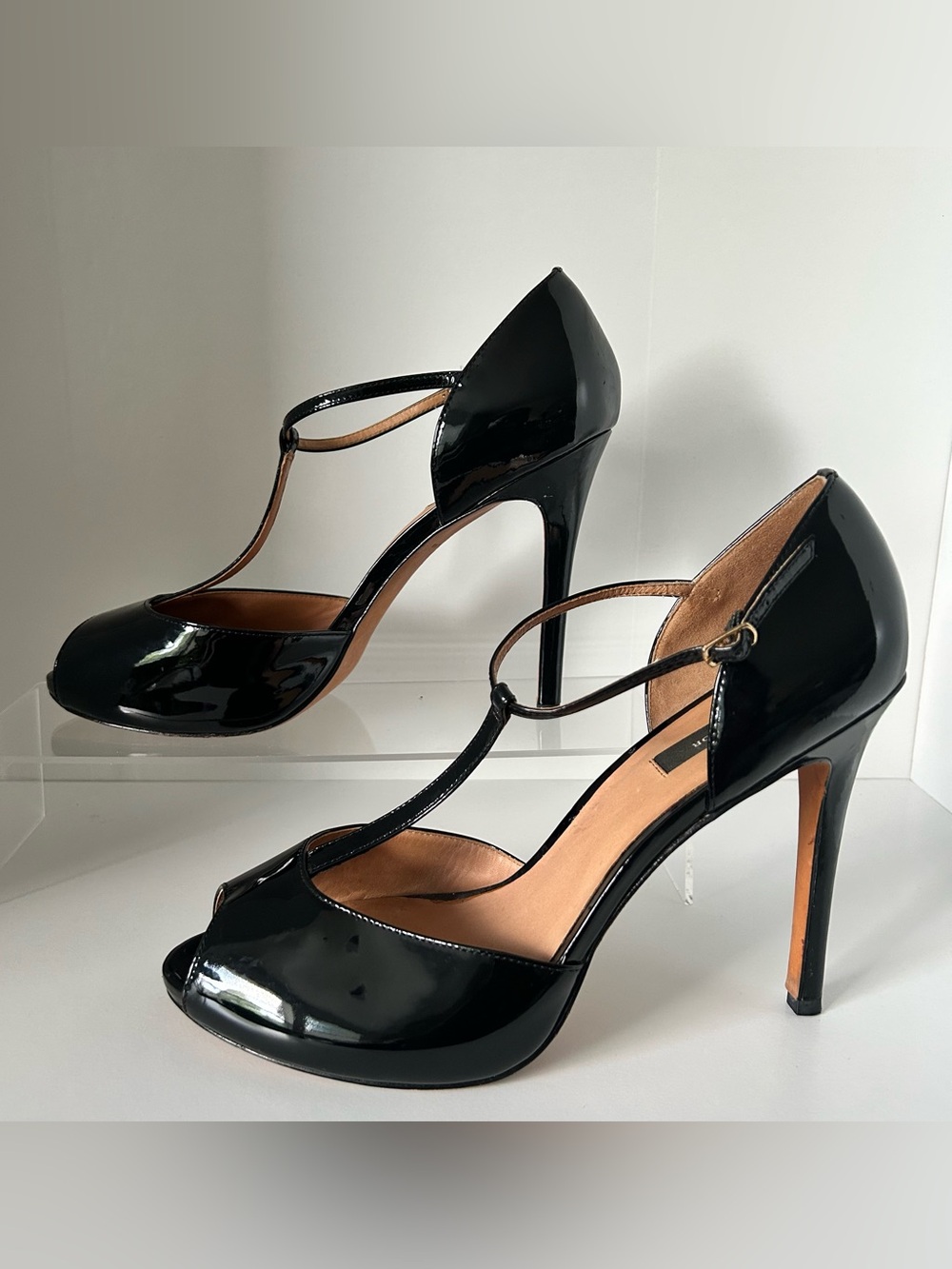 Ann Taylor Black Patent T-Strap Peep-Toe Heels
